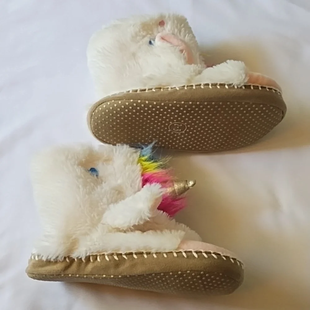 Unicorn Plush Slippers with Rainbow Mane